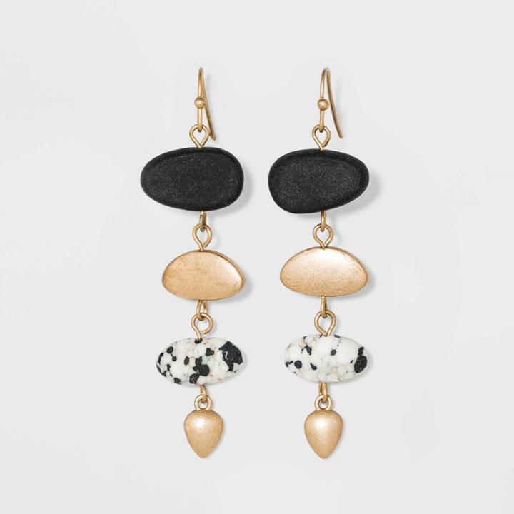 Organic Shape Stone With Semi-precious Dalmatian Jasper Bead Drop Earrings - Universal Thread Black