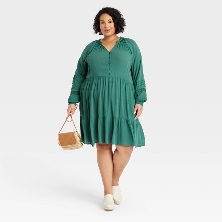 Women's Plus Size Long Sleeve Button-front Dress - Knox Rose Green