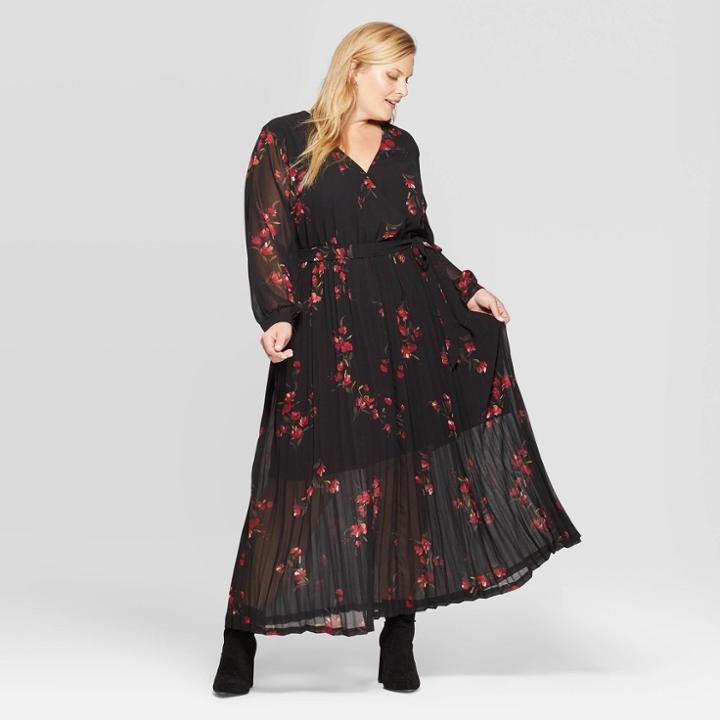 Women's Plus Size Floral Print Long Sleeve V-neck Pleated Chiffon Wrap Maxi Dress - Ava & Viv Black 4x, Women's,