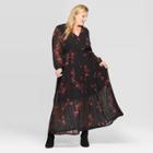 Women's Plus Size Floral Print Long Sleeve V-neck Pleated Chiffon Wrap Maxi Dress - Ava & Viv Black 4x, Women's,