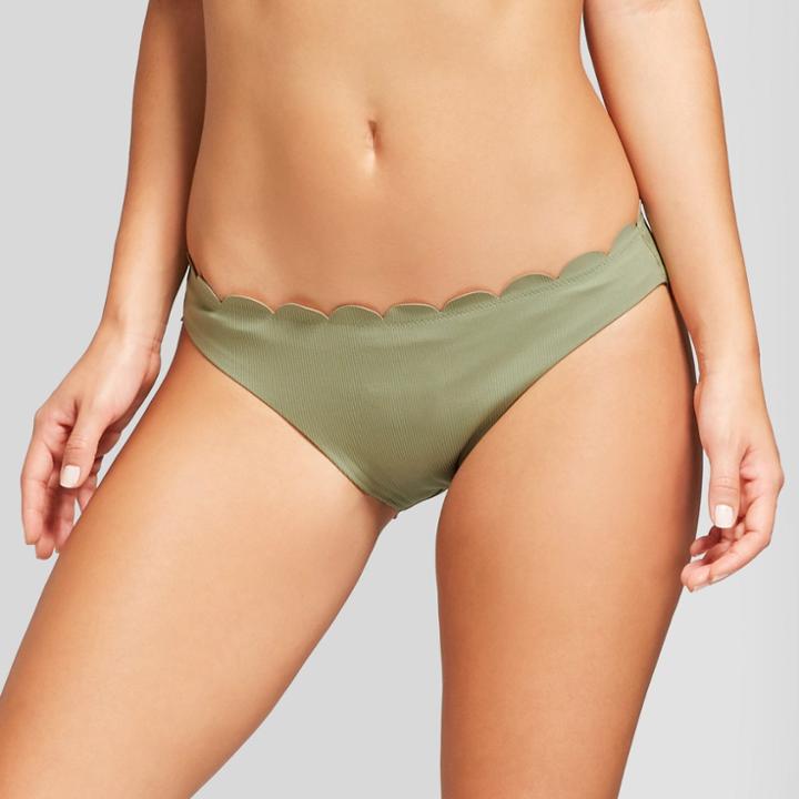Vanilla Beach Women's Ribbed Scallop Hipster Bikini Bottom - Olive (green)
