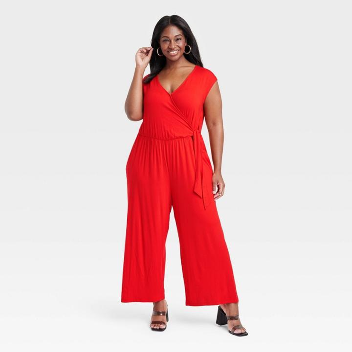 Women's Short Sleeve Wide Leg Jumpsuit - Ava & Viv Red