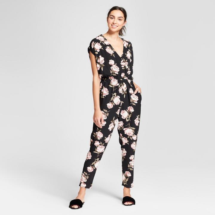 Women's Floral Print Short Sleeve Wrap Front Tie Waist Skinny Leg Jumpsuit - K By Kersh Black/pink