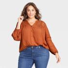 Women's Plus Size Long Sleeve Button-front Eyelet Blouse - Knox Rose Rust