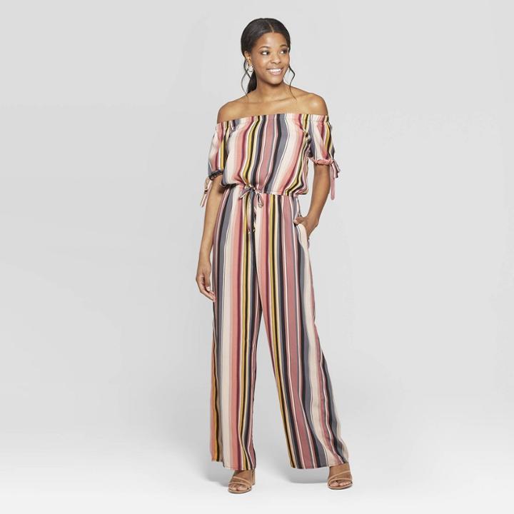 Women's Striped Short Tie Sleeve Off The Shoulder Jumpsuit - Xhilaration Gray/mauve