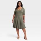 Women's Elbow Sleeve Flared Dress - Ava & Viv Olive Green