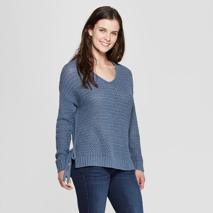 Women's Long Sleeve V-neck Side Tie Tunic Sweater - Universal Thread Blue