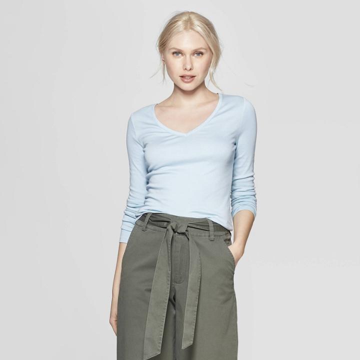 Women's Long Sleeve V-neck T-shirt - A New Day Turquoise