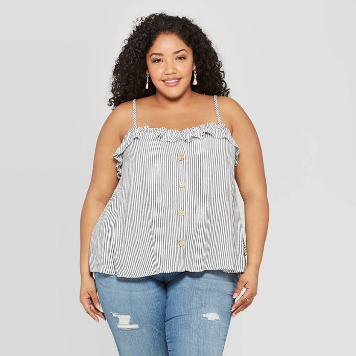 Women's Plus Size Striped Sleeveless V-neck Ruffle Cami - Universal Thread Navy