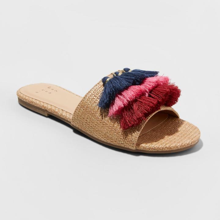 Women's Ayana Wide Width Raffia Tassle Slide Sandals - A New Day Tan 10w,