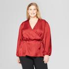 Women's Plus Size Long Sleeve Wrap Blouse - Prologue Red