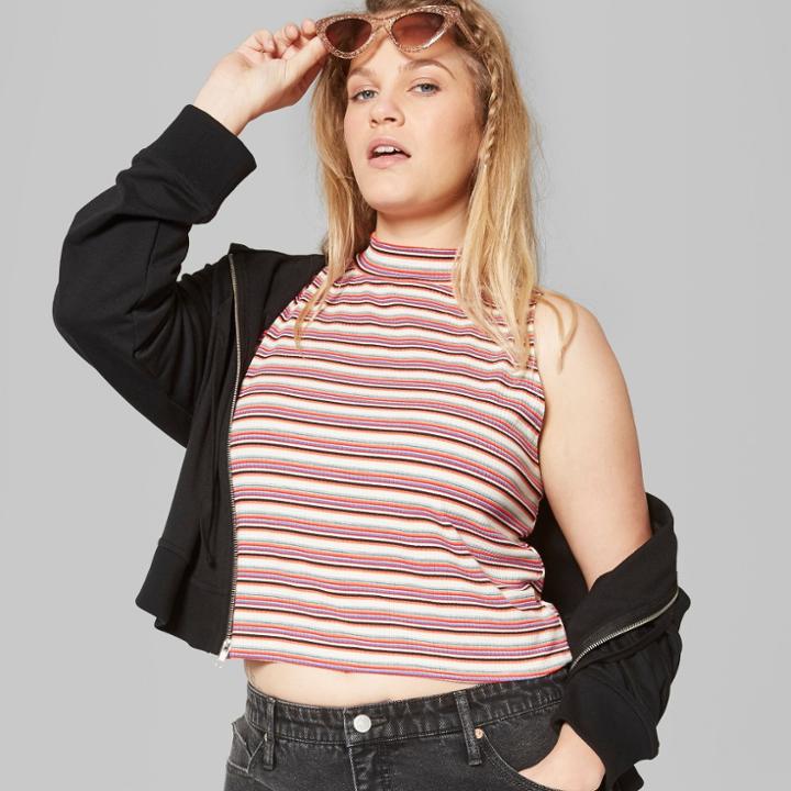 Women's Plus Size Striped Mock Neck Tank Top - Wild Fable Red/white 2x,