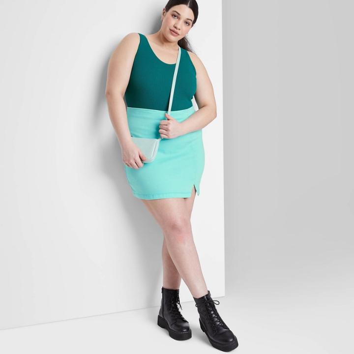 Women's Plus Size Notch Front Seamed Denim Mini Skirt - Wild Fable Light Aqua Blue