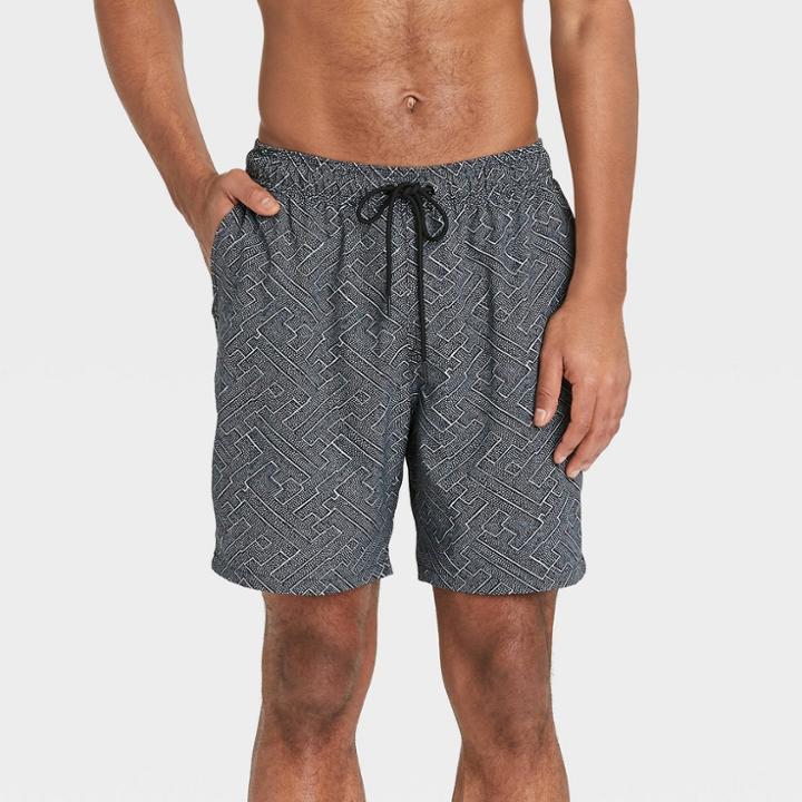 Men's 7 Geo Print Swim Trunk With Boxer Brief Liner - Goodfellow & Co Gray