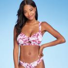 Juniors' Ribbed Knot-front Bralette Bikini Top - Xhilaration Berry Pink Floral Print D/dd Cup