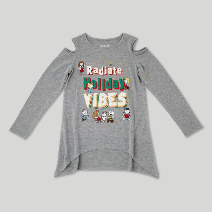 Girls' Peanuts 'radiate Holiday Vibes' Long Sleeve Graphic Cold Shoulder T-shirt - Heather Gray