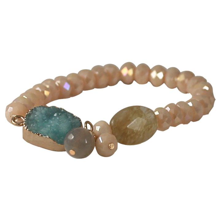 Zirconite Semi-precious Roundel Beads Stretch Bracelet With Genuine Druzy