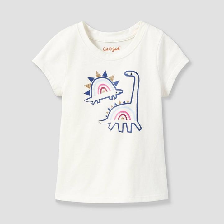 Toddler Girls' Glitter Dinosaur Short Sleeve Graphic T-shirt - Cat & Jack Cream