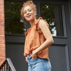 Women's Floral Print Flutter Short Sleeve Embroidered Blouse - Universal Thread Brown