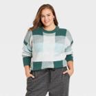Women's Plus Size Plaid Crewneck Pullover Sweater - A New Day Teal