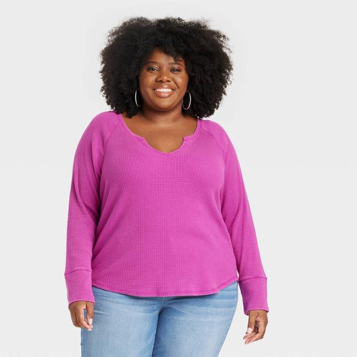 Women's Plus Size Long Sleeve Notch Neck Thermal Top - Knox Rose Berry Purple