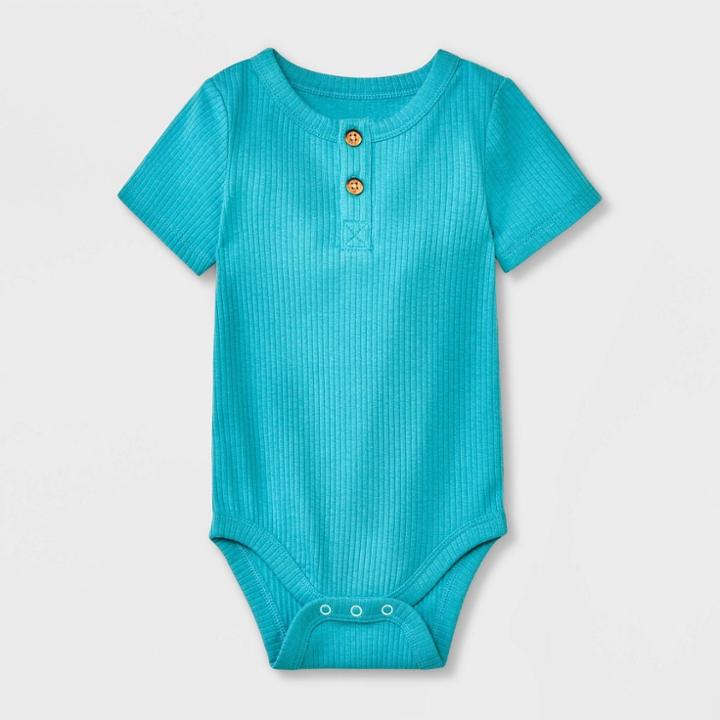 Baby Ribbed Henley Short Sleeve Bodysuit - Cat & Jack Turquoise Green Newborn