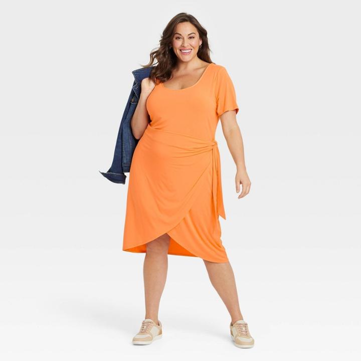 Women's Plus Size Short Sleeve Knit Wrap Dress - Ava & Viv Orange