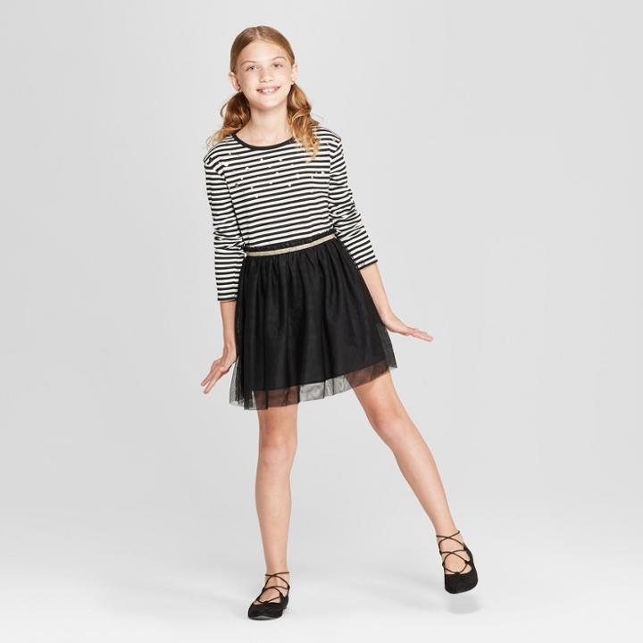 Girls' Knit To Woven With Tulle Skirt Dress - Cat & Jack Black And White