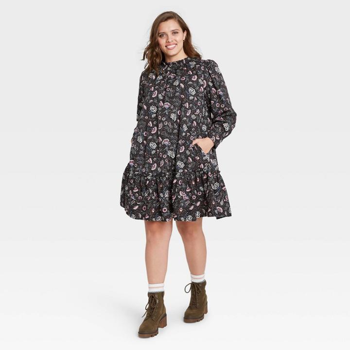 Women's Plus Size Floral Print Puff Long Sleeve Ruffle Dress - Universal Thread Black