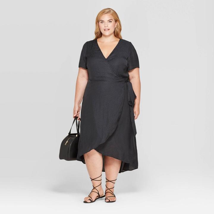 Women's Plus Size Animal Jacquard Short Sleeve V-neck Wrap Dress - Ava & Viv Black X
