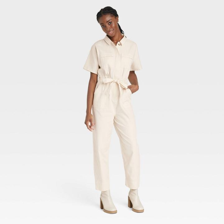 Women's Short Sleeve Button-front Boilersuit - Universal Thread Cream