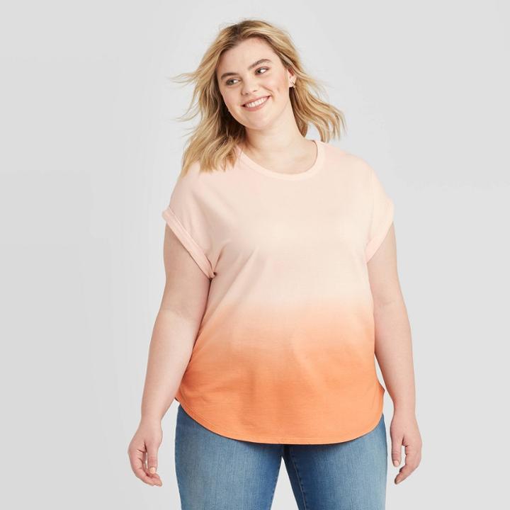 Women's Plus Size Short Sleeve Dip Dye Cuffed T-shirt - Ava & Viv Orange X, Women's