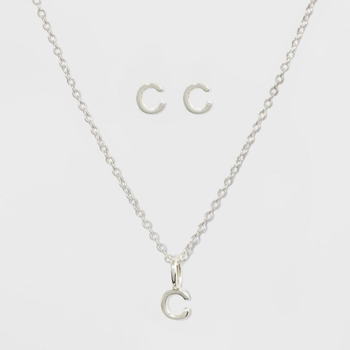 Sterling Silver Initial C Earrings And Necklace Set - A New Day Silver, Girl's,