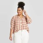 Women's Plus Size Plaid Long Sleeve V-neck Button Front Tunic - Universal Thread Brown 1x, Women's,