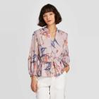 Women's Floral Print Long Sleeve Tie Waist Blouse - A New Day Purple