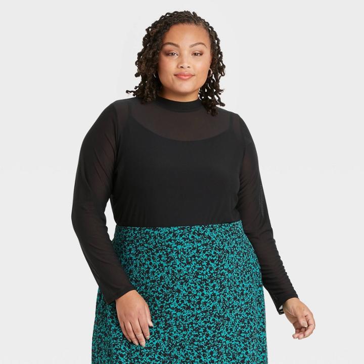 Women's Plus Size Long Sleeve Mesh Top - Ava & Viv Black X