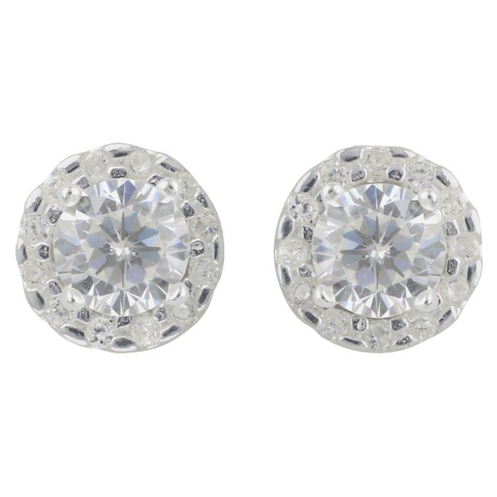 Women's Sterling Silver Round Halo Button Earring - Silver/clear(6mm)