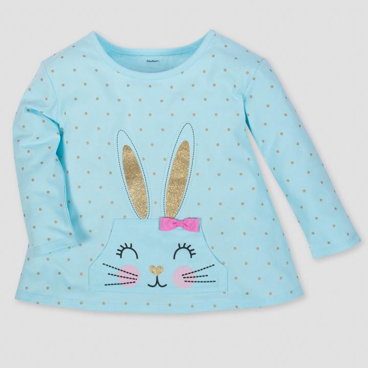 Gerber Toddler Girls' Bunny Long Sleeve Top With Front Pocket & Bow - Aqua
