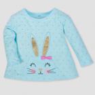 Gerber Toddler Girls' Bunny Long Sleeve Top With Front Pocket & Bow - Aqua