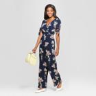 Women's Floral Print Short Sleeve Tie Sleeve Wrap Jumpsuit - Xhilaration Navy (blue)