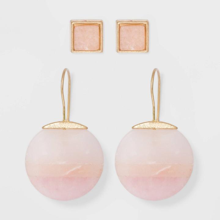 Boxed Duo With Rose Quartz, Sunstone, And Pink Adventurine Semi-precious Stones Earring Set - Universal Thread Pink, Women's