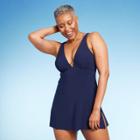 Women's V-neck Side Slit One Piece Swimsuit - Aqua Green Navy Blue