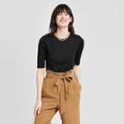Women's Regular Fit Elbow Sleeve Crewneck T-shirt - A New Day Black