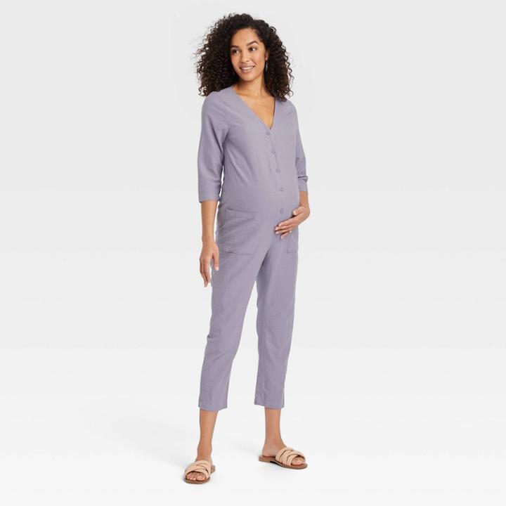 The Nines By Hatch 3/4 Sleeve Button-front Cropped Maternity Jumpsuit Purple