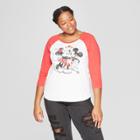 Women's Disney Mickey Plus Size Kiss Couple Raglan 3/4 Sleeve T-shirt - (juniors') Burgundy/white