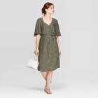 Women's Polka Dot Regular Fit Elbow Sleeve V-neck Tie-waist Woven Dress - A New Day Olive
