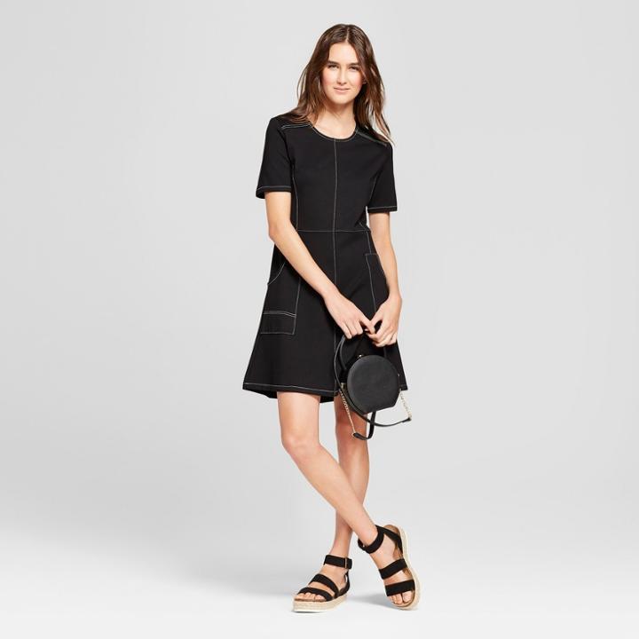 Women's Short Sleeve A-line Dress With Contrast Stitching - K By Kersh Black