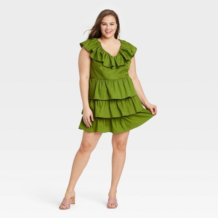 Women's Plus Size Flutter Short Sleeve Multi-tiered Dress - A New Day Green