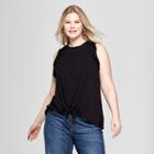 Women's Plus Size Tie Front Ruffle Sleeveless Tank - Ava & Viv Black X