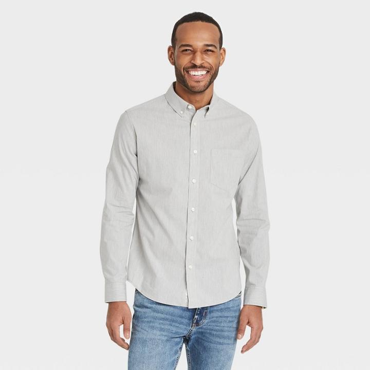 Men's Slim Fit Stretch Poplin Long Sleeve Button-down Shirt - Goodfellow & Co Thundering Gray